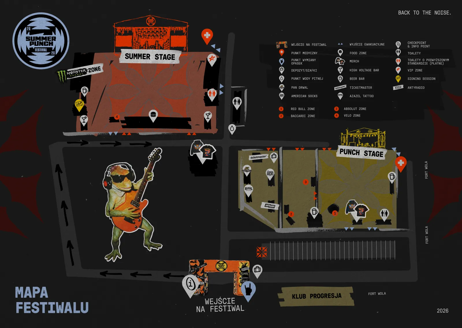 Mapa terenu Summer Punch Festival 2026 — Summer Stage, Punch Stage, strefy partnerów, gastronomia, bary, toalety, punkty medyczne, VIP i wejście na festiwal.